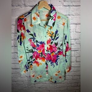 𝅺SOFT SURROUNDINGS teal green Floral‎ Button Front Tunic Blouse size petite M